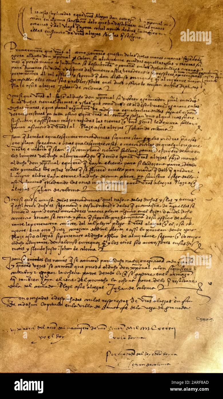 Spain, Andalusia, Huelva, La Rábida Friary. ''Capitulaciones de Santa Fé'', signed by the Catolics kings, 1492. The main document about the Discovery Stock Photo
