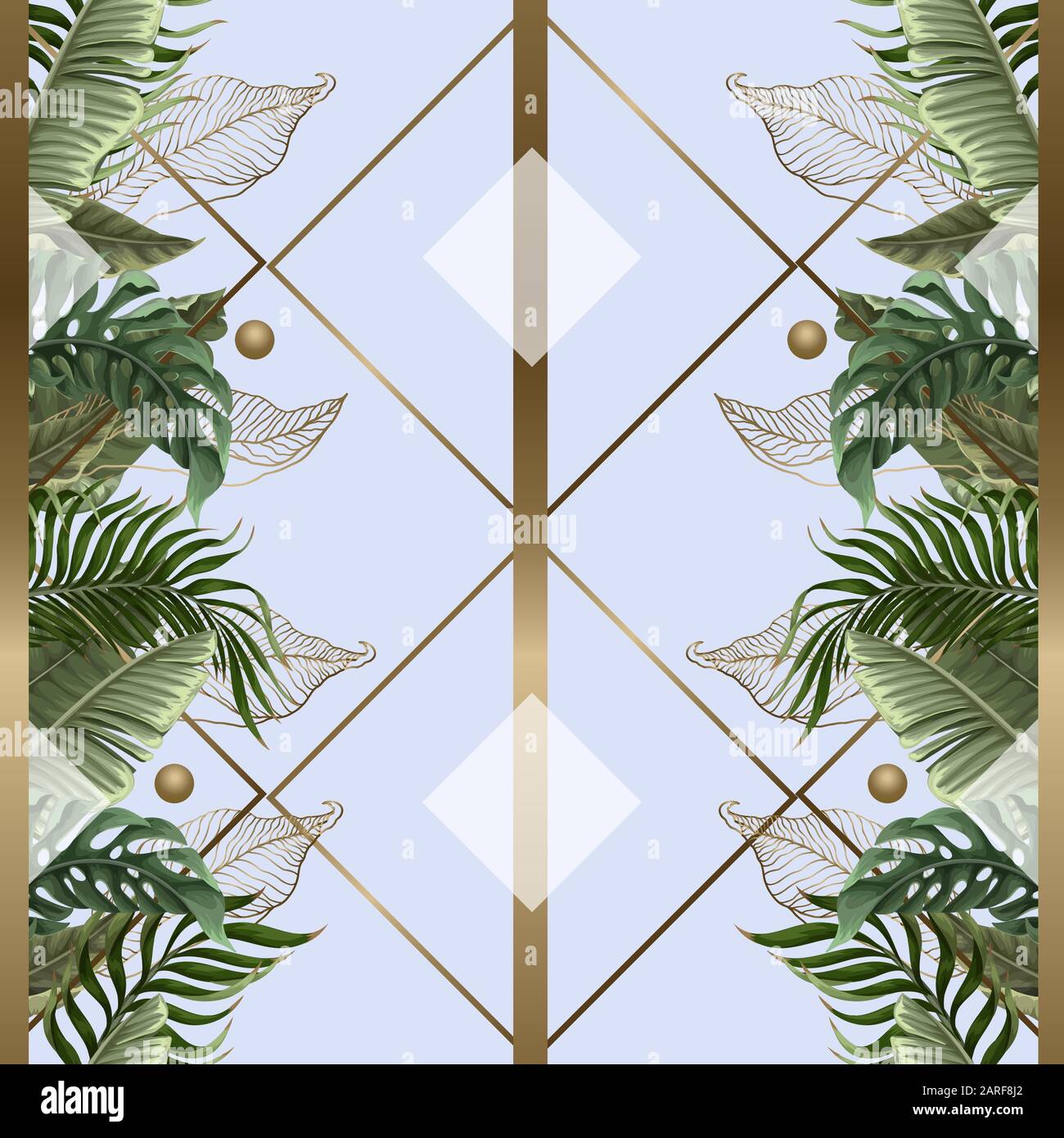 Seamless pattern with tropical leaves, gold and geometrical elements. Vector. Stock Vector