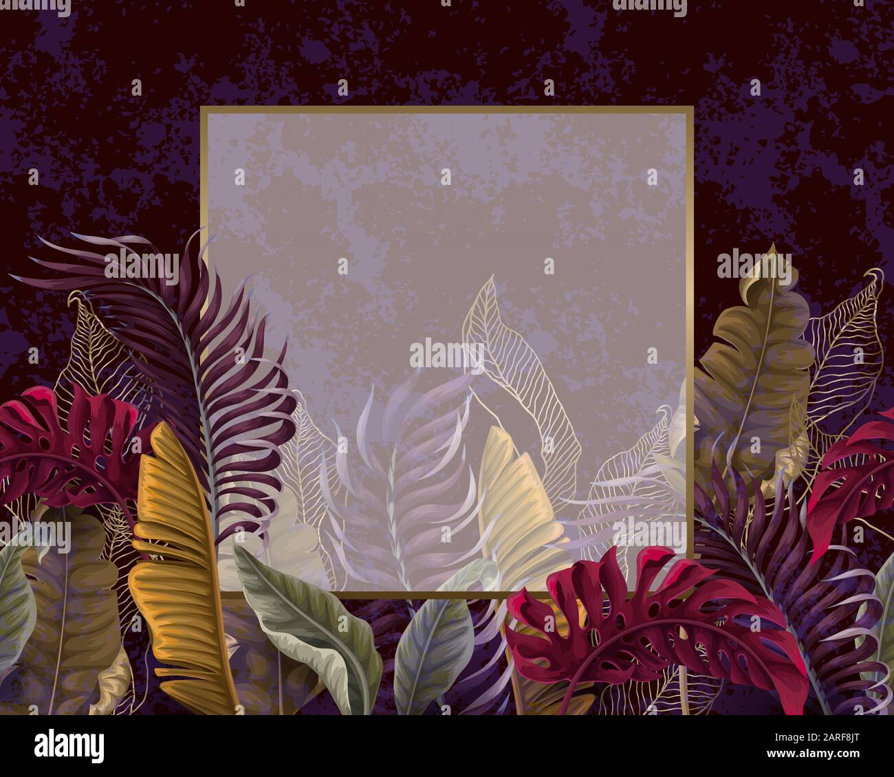 Poster with tropical leaves and gold frame. Vector. Stock Vector