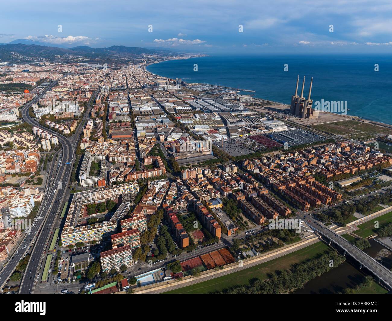 Aerial view of Sant AdriÃ  de Besòs and coast. Barcelona , Spain. Stock Photo