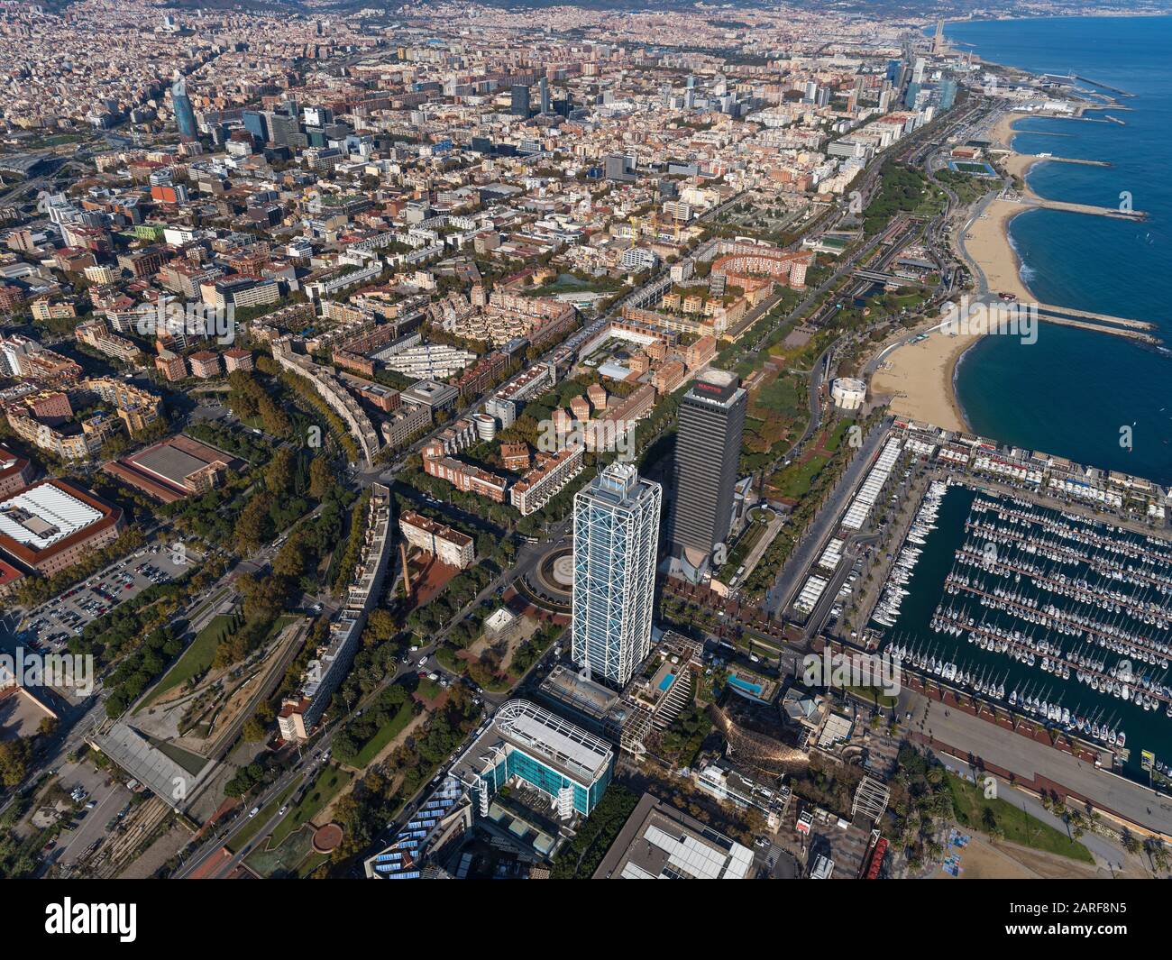 Aerial view of the area of Vila Olimpica and Port Olimpic. Barcelona, Spain. Stock Photo