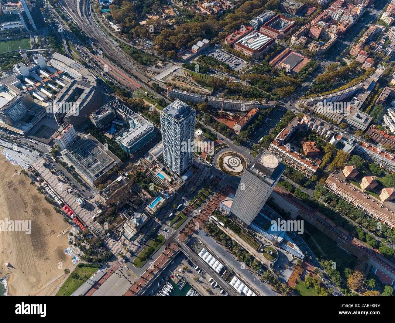 Aerial view of the area of Vila Olimpica and Port Olimpic. Barcelona, Spain. Stock Photo