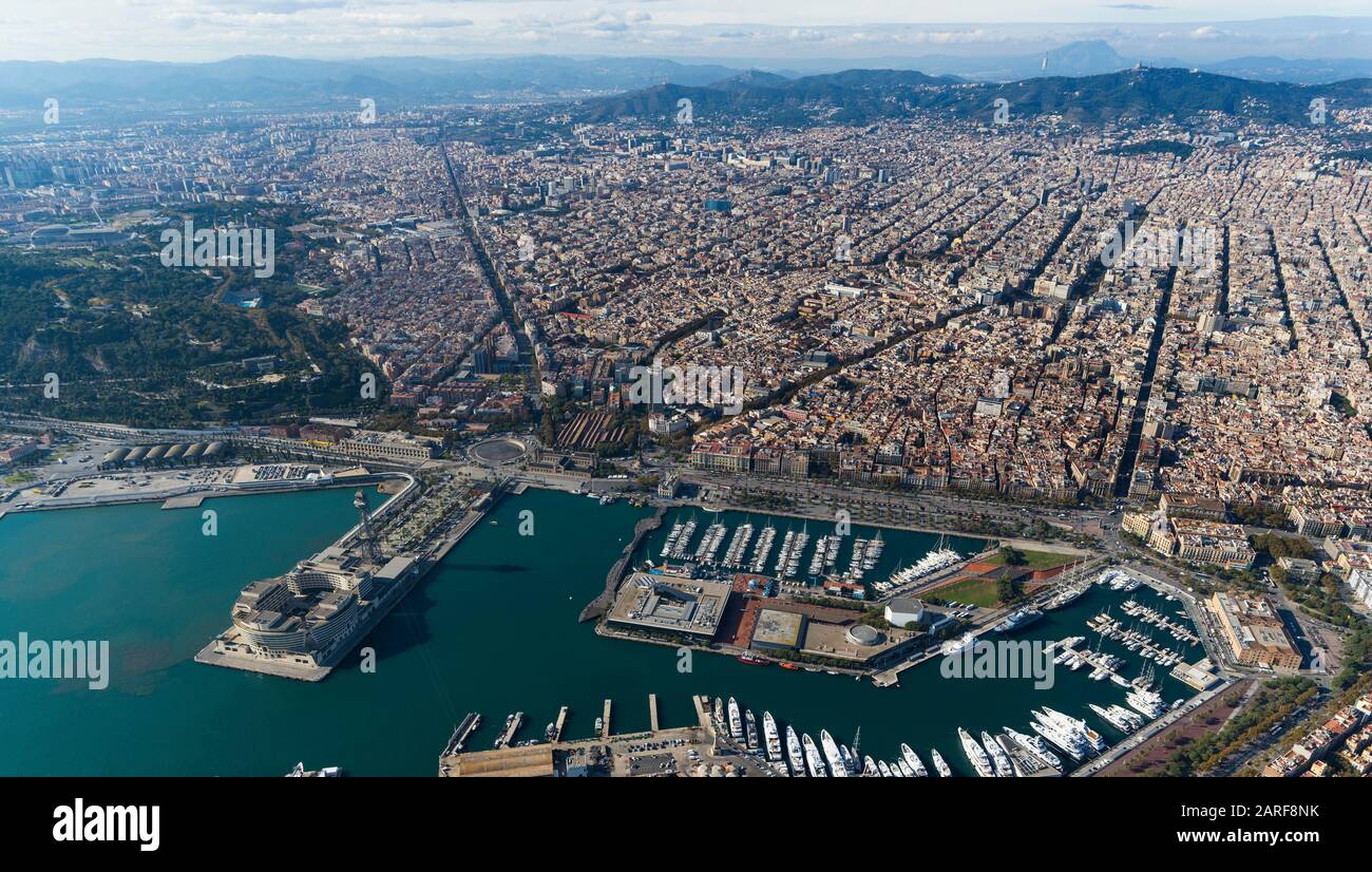 Aerial view of Barcelona from the coast. Barcelona, Spain. Stock Photo