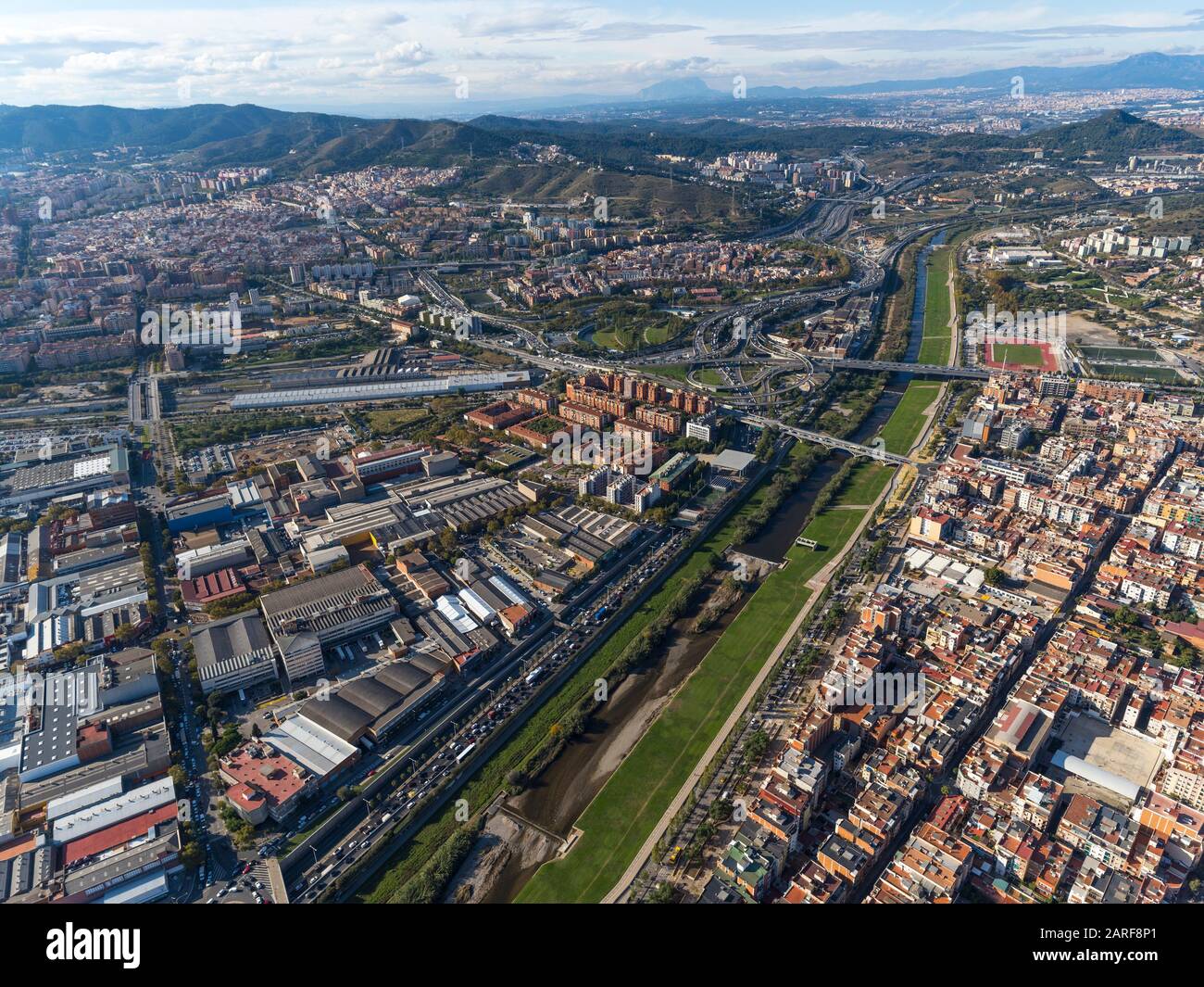 Aerial view of Barcelona with Besòs river and Nus de la Trinitat. Barcelona, Spain. Stock Photo