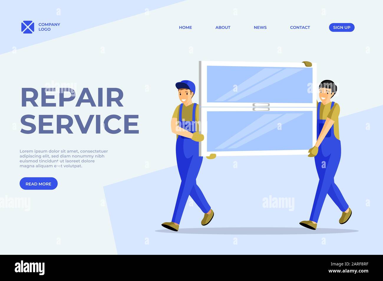 Window installation service vector homepage template. Cheerful handymen, repairmen carrying new