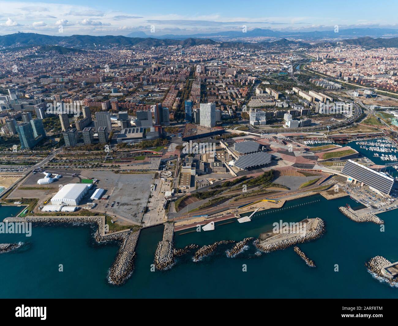 Aerial view of Forum area and Barcelona, Spain. Stock Photo