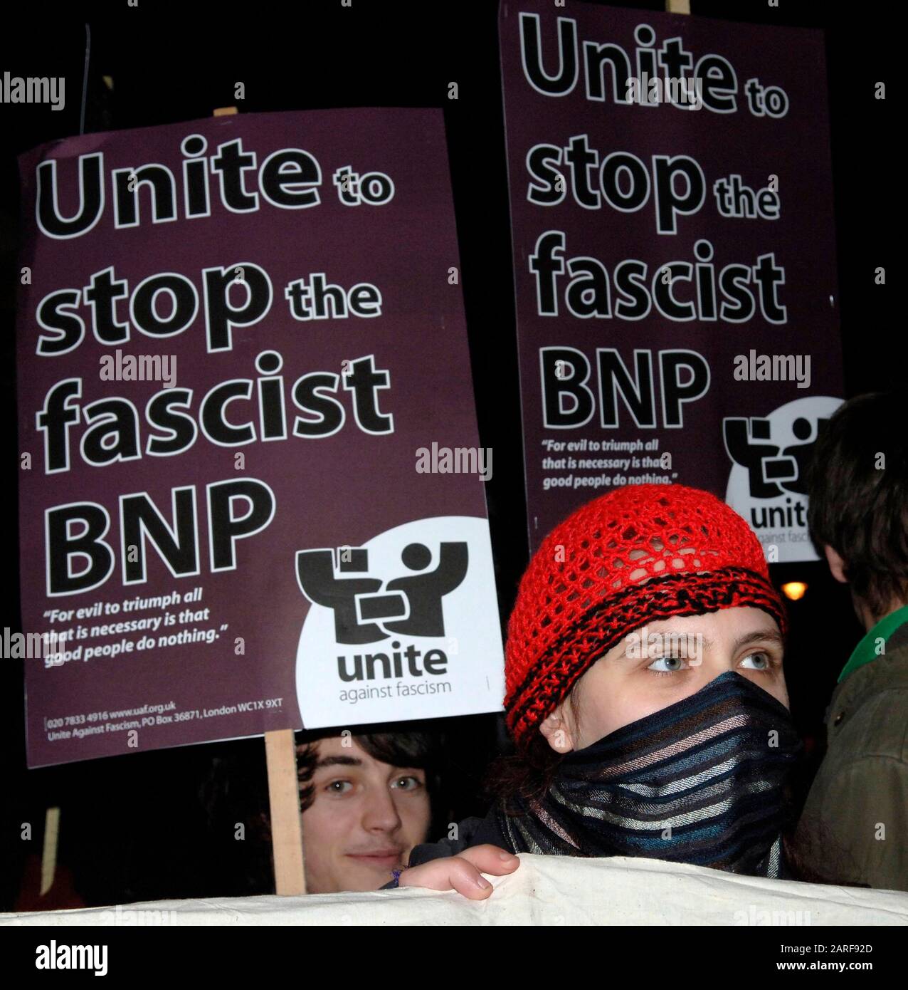 Controversial historian David Irving and BNP leader Nick Griffin  pass by demonstrators whilst attending as guest speakers the Oxford Union debating society meeting in 2007. Stock Photo