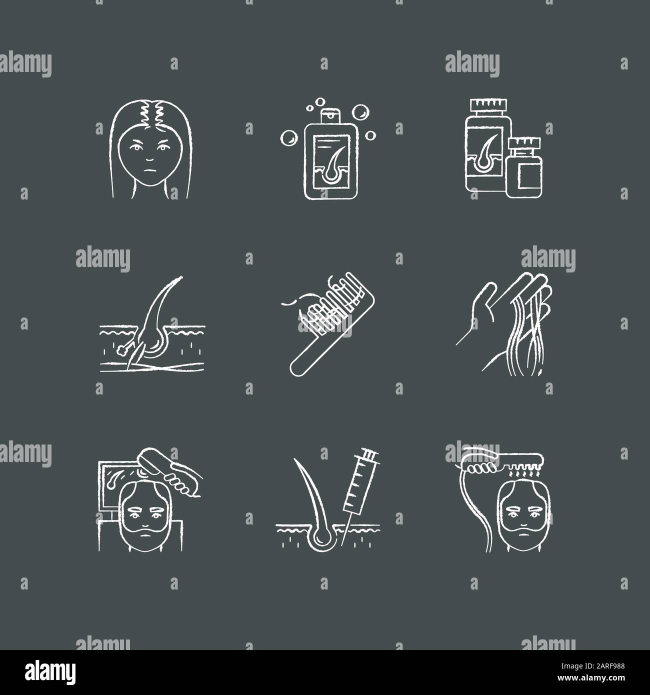 Hair Loss Chalk White Icons Set On Black Background Male Alopecia