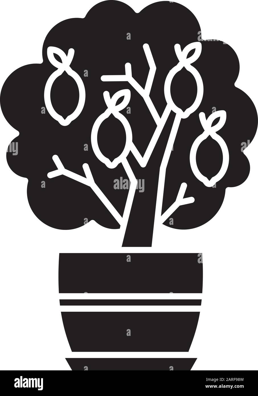 Miniature lemon tree black glyph icon. Potted evergreen citrus. Indoor plant with yellow fruit. Decorative fruiting houseplant. Silhouette symbol on w Stock Vector