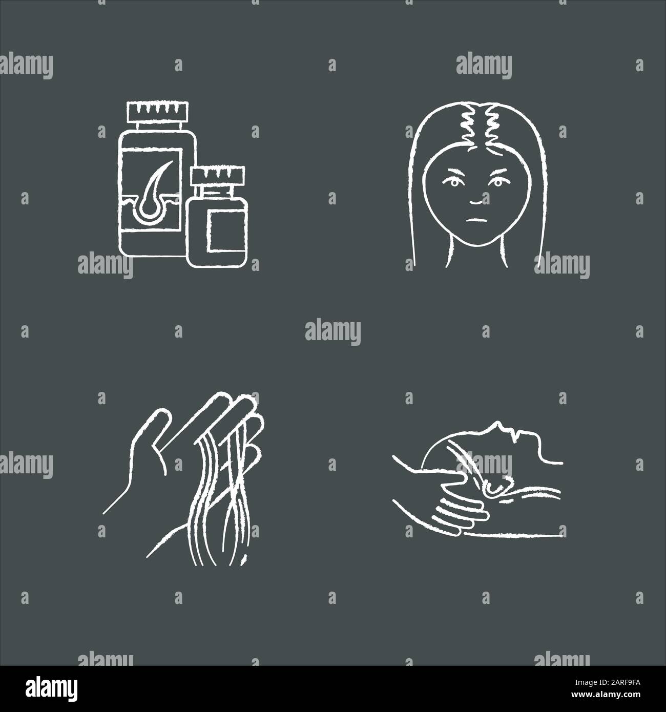 Hair Loss Chalk White Icons Set On Black Background Female