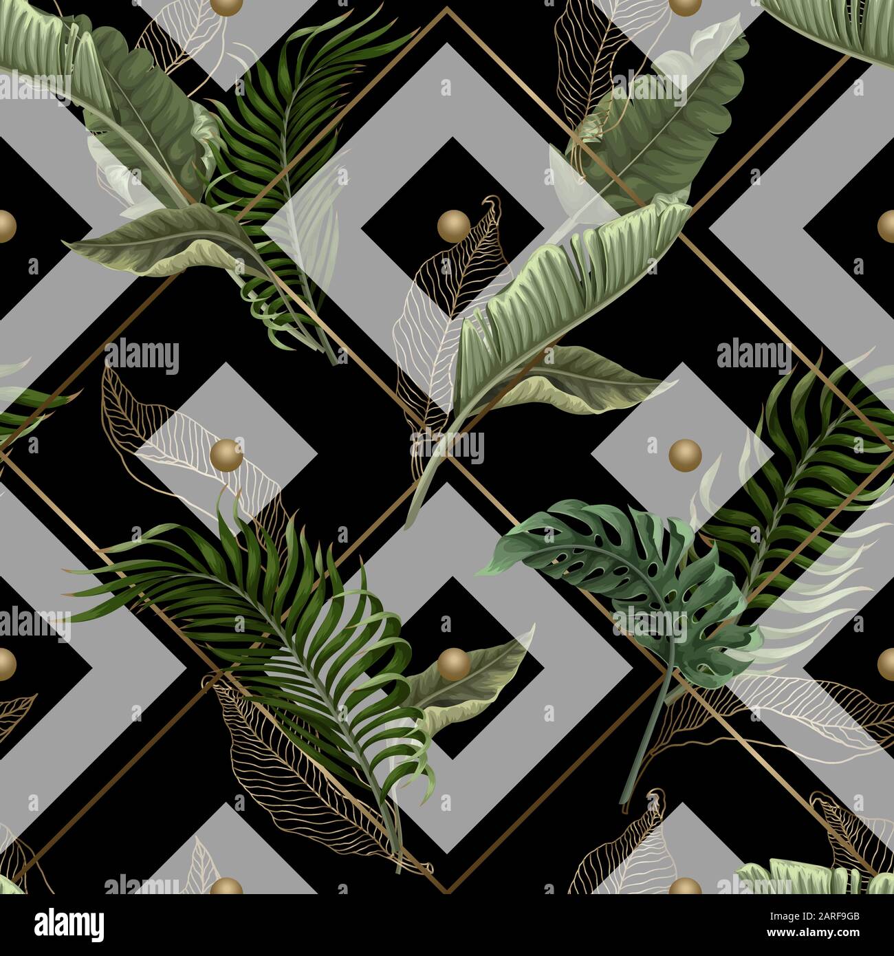 Seamless pattern with tropical leaves, gold and geometrical elements. Vector. Stock Vector