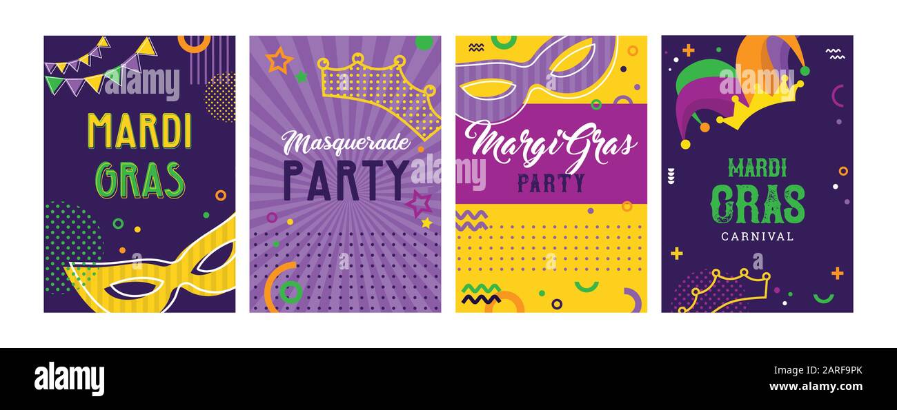 Mardi Gras party greeting card set or invitations. Carnival background for traditional holiday or festival with masks and traditional items Stock Vector