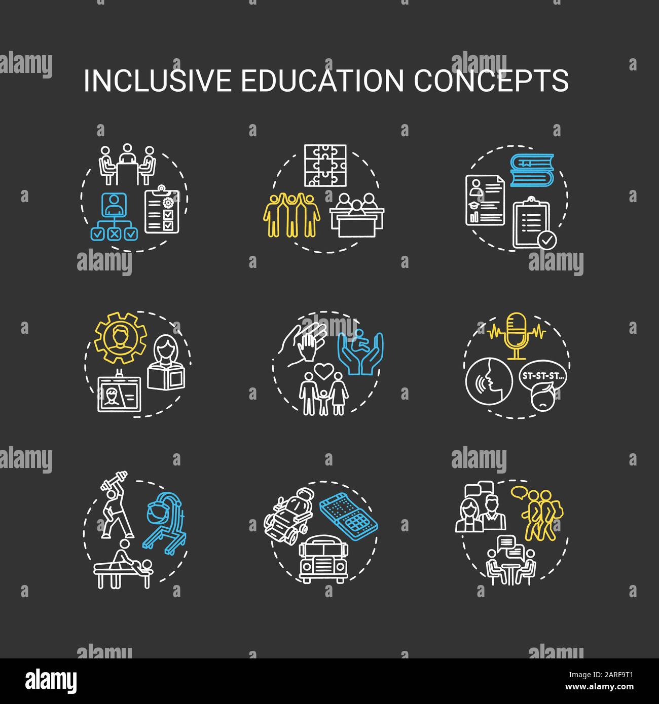 Inclusive education chalk RGB color concept icons set. Individual ...