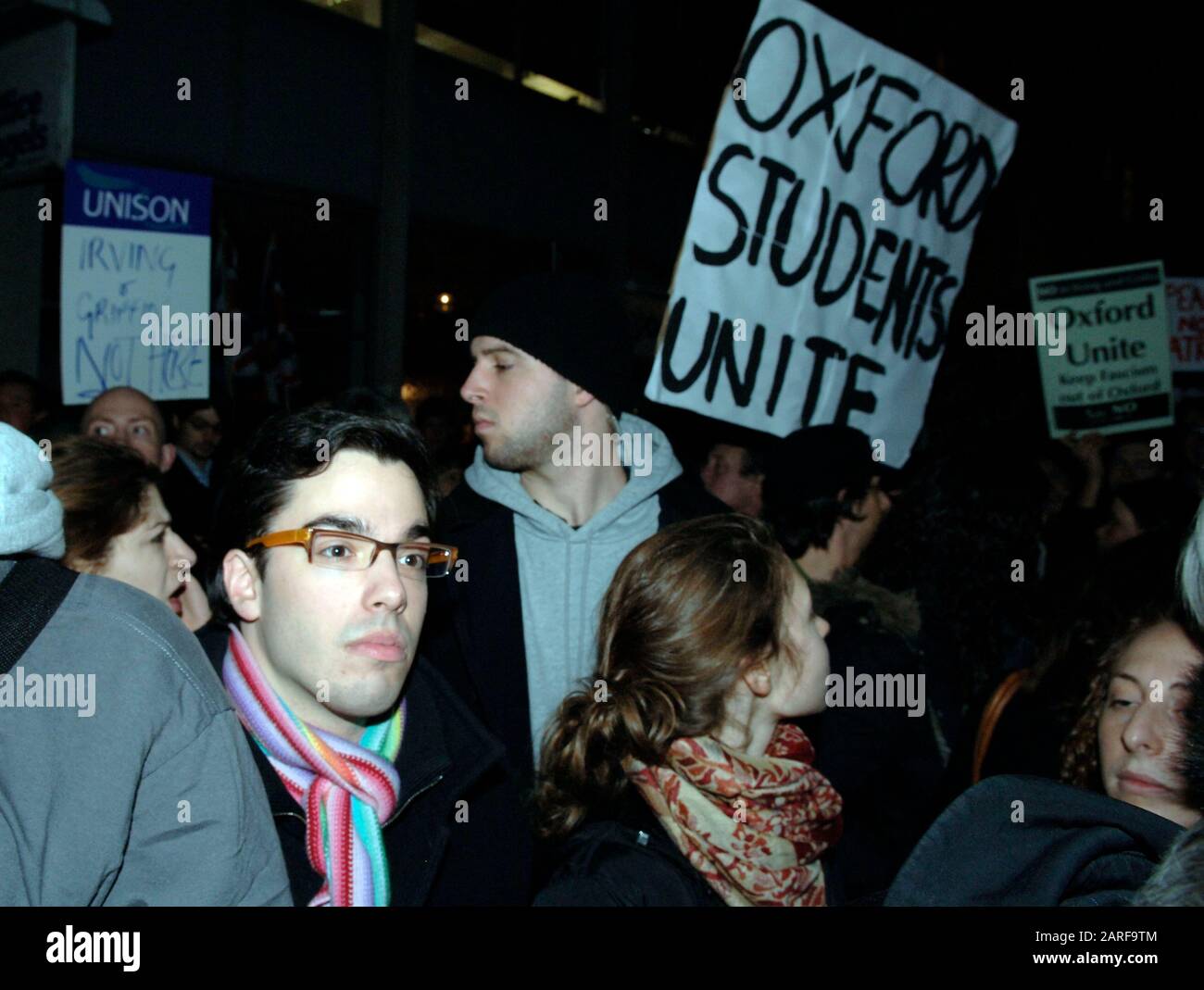 Controversial historian David Irving and BNP leader Nick Griffin  pass by demonstrators whilst attending as guest speakers the Oxford Union debating society meeting in 2007. Stock Photo