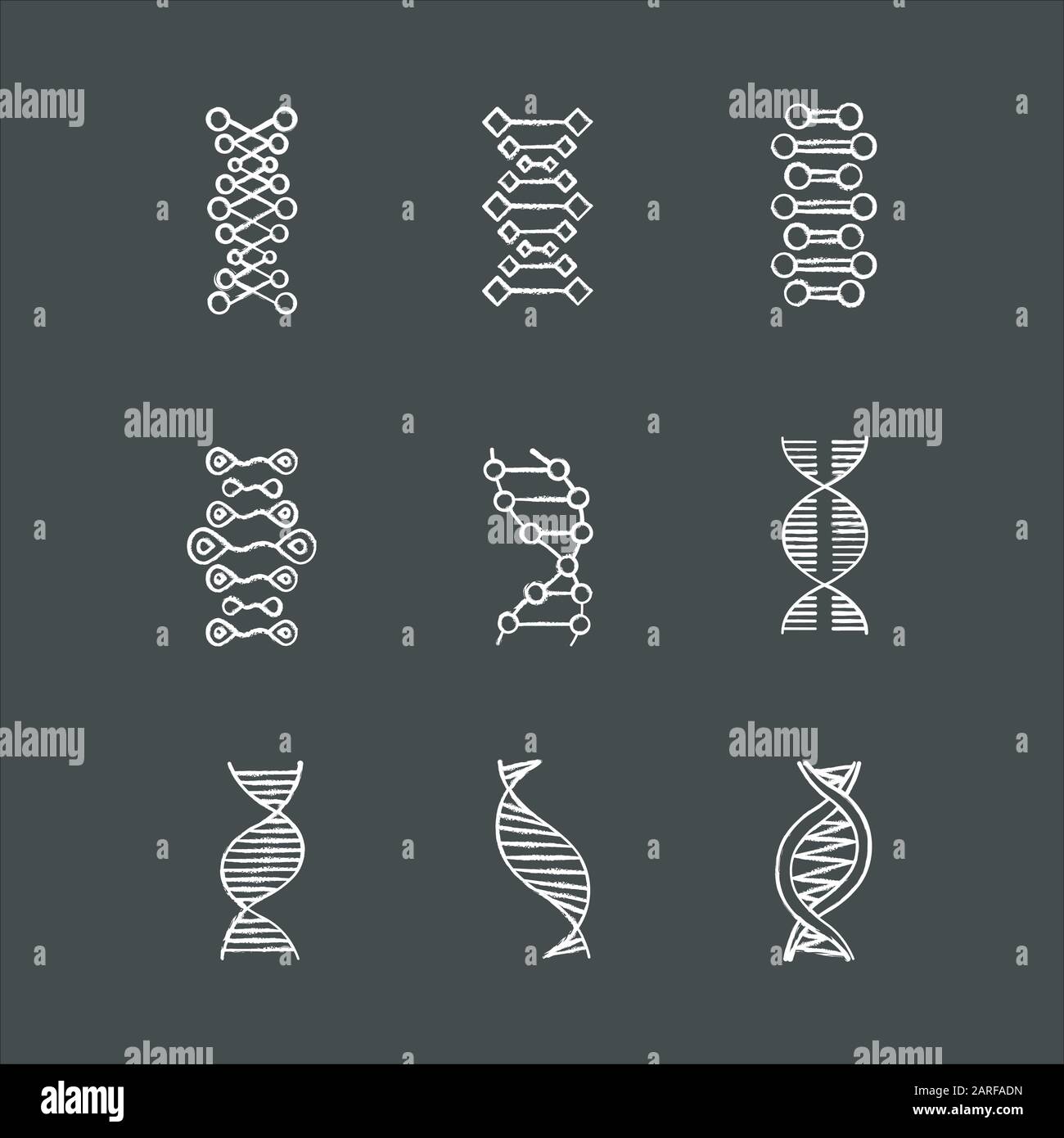 DNA double helix chalk icons set. Deoxyribonucleic, nucleic acid. Spiraling strands. Chromosome. Molecular biology. Genetic code. Genome. Genetics. Me Stock Vector