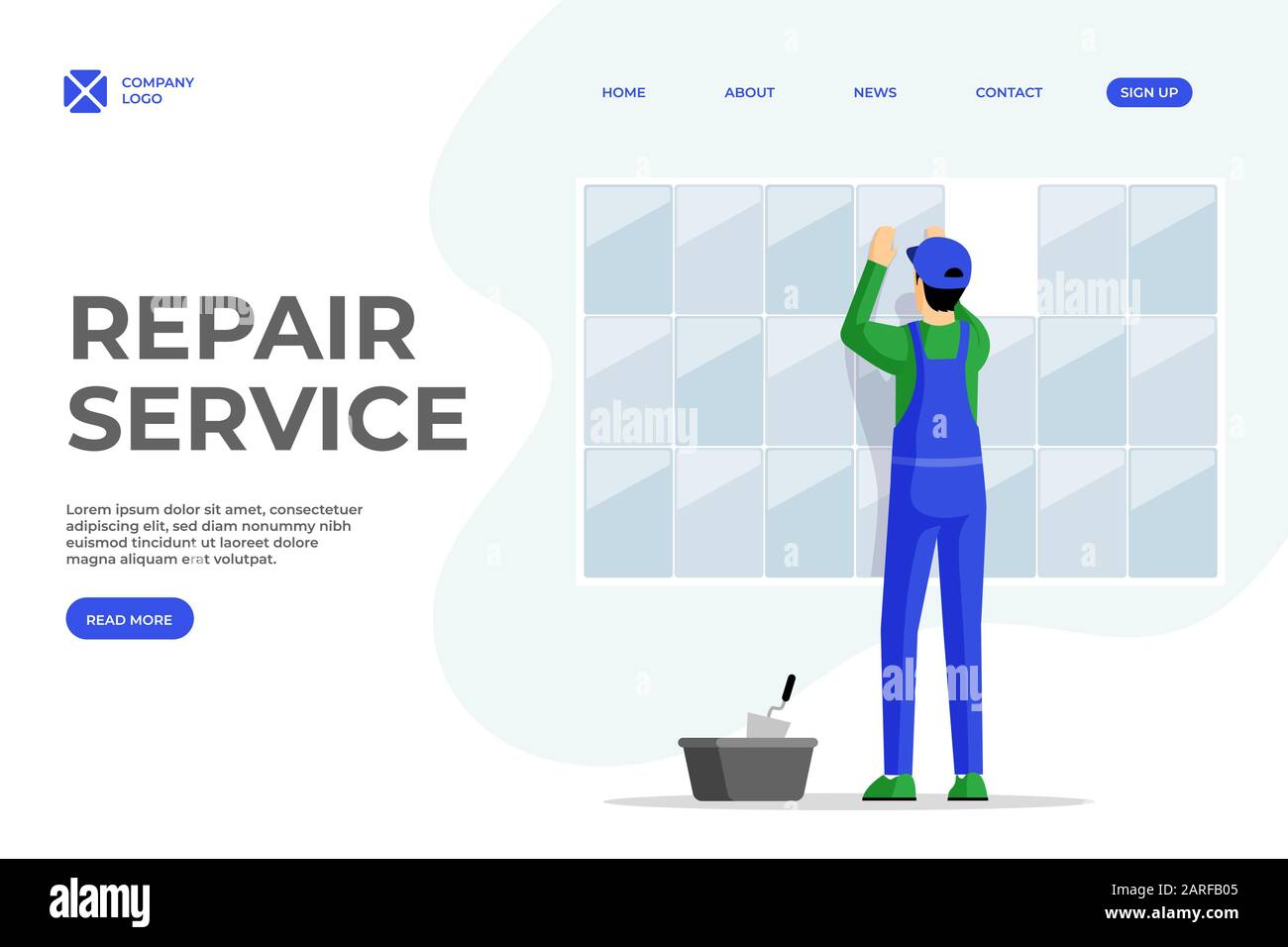 Tile layer services vector landing page template. Repairman fixing tiles to wall cartoon character. Professional workman, handyman, construction work specialist homepage design with text space Stock Vector