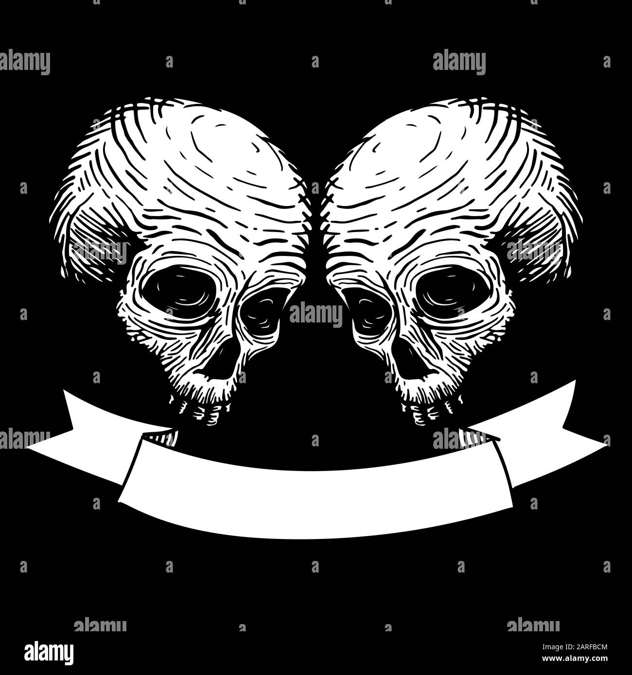 two skulls with ribbon for text. Vector hand drawing illustration Stock