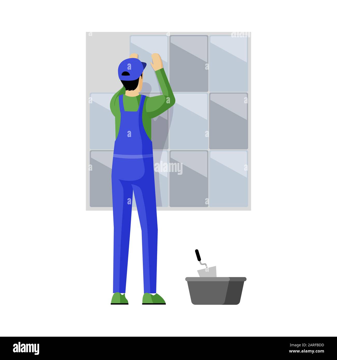 Tile layer at work vector illustration. Professional repairman fixing tiles to wall cartoon character. Skilled workman, handyman, construction work specialist decorating vertical interior surfaces Stock Vector