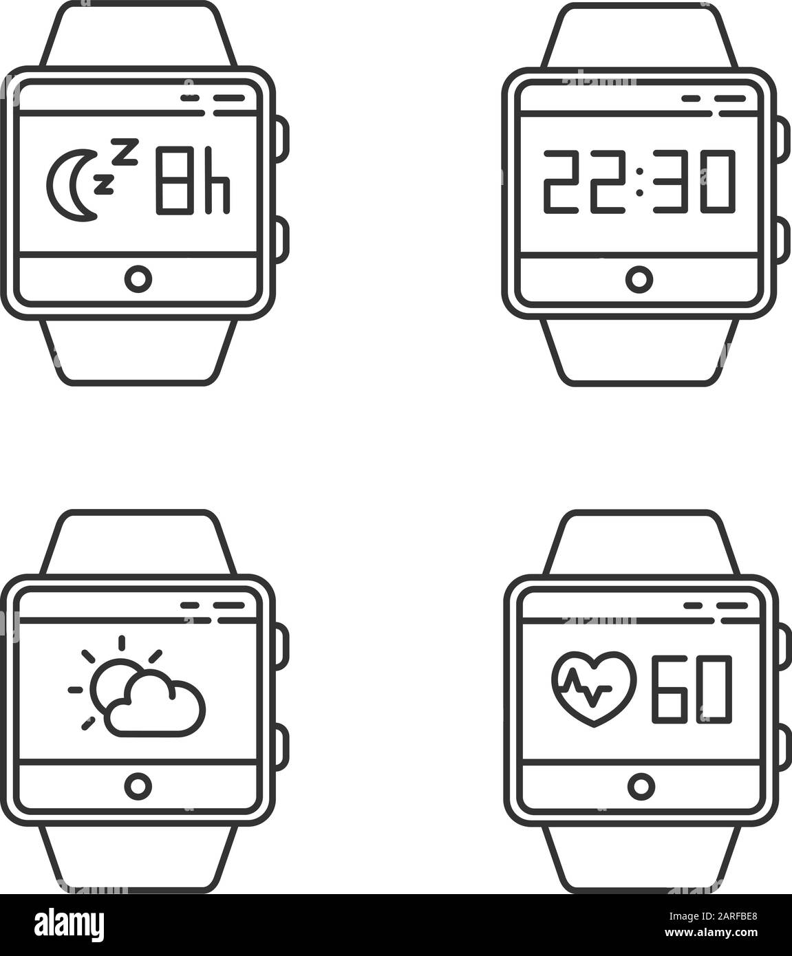 Fitness tracker functions linear icons set. Smartwatch wellness