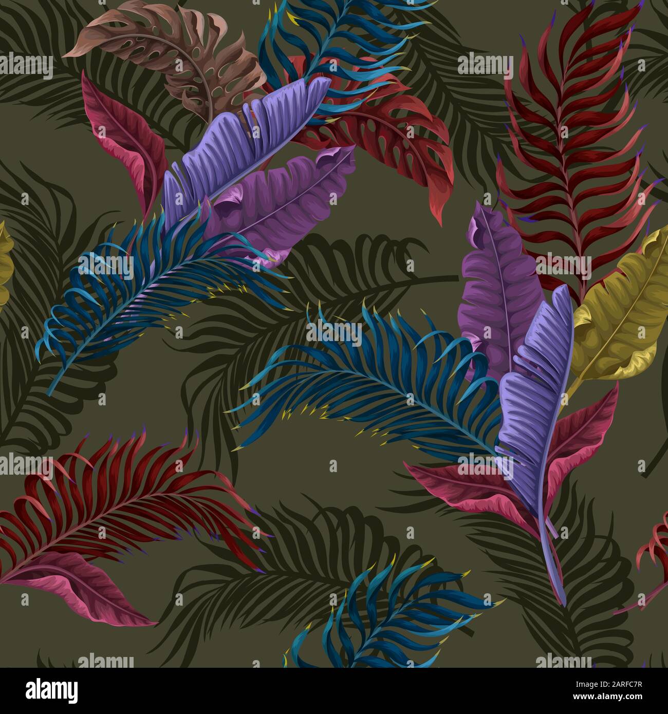 Seamless pattern with colorful tropical leaves on dark background. Vector. Stock Vector