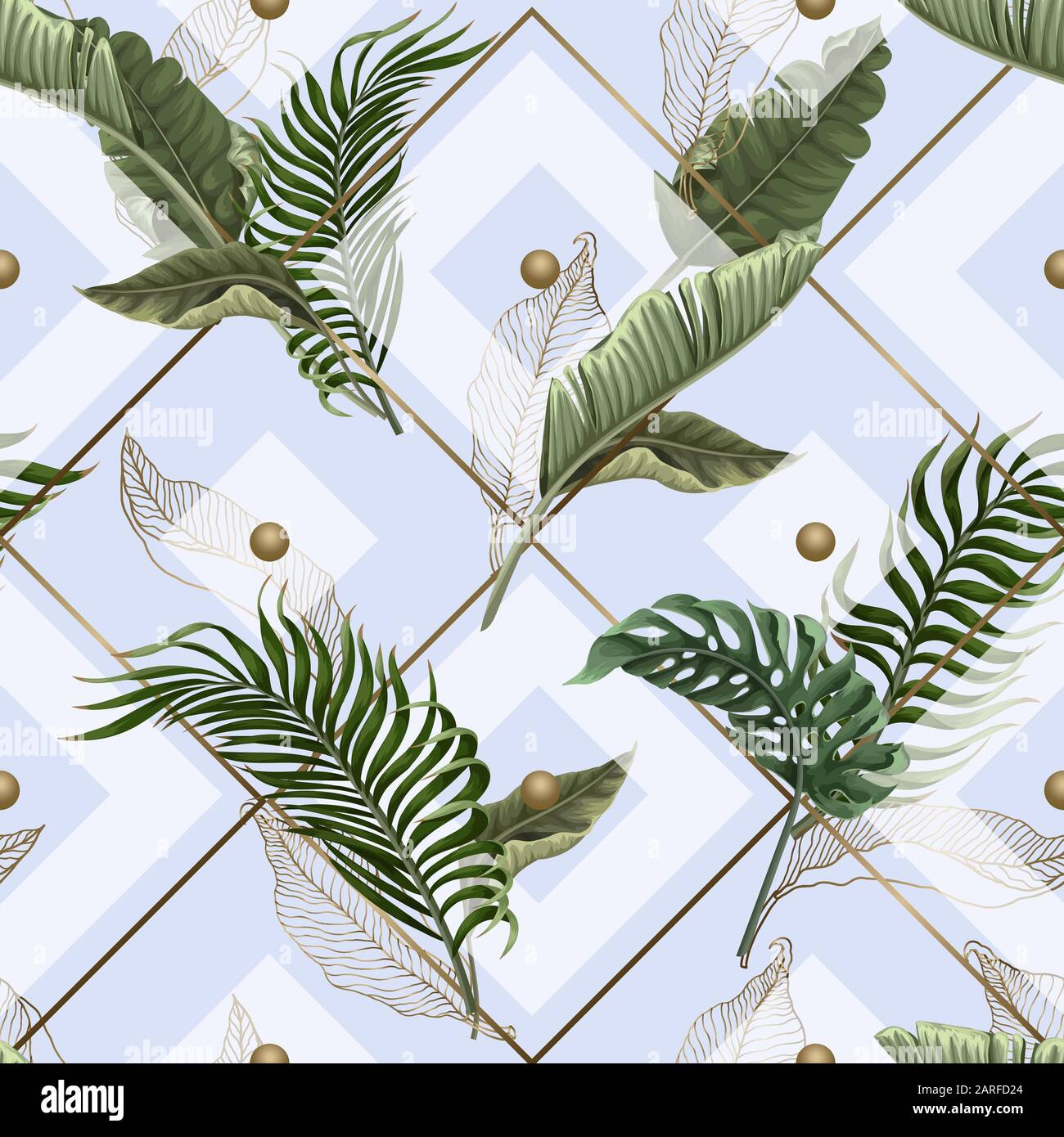 Seamless pattern with tropical leaves, gold and geometrical elements. Vector. Stock Vector
