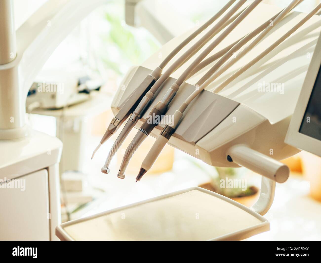 A dentist's work tools. Mouth cleaning, fillings, extractions Stock