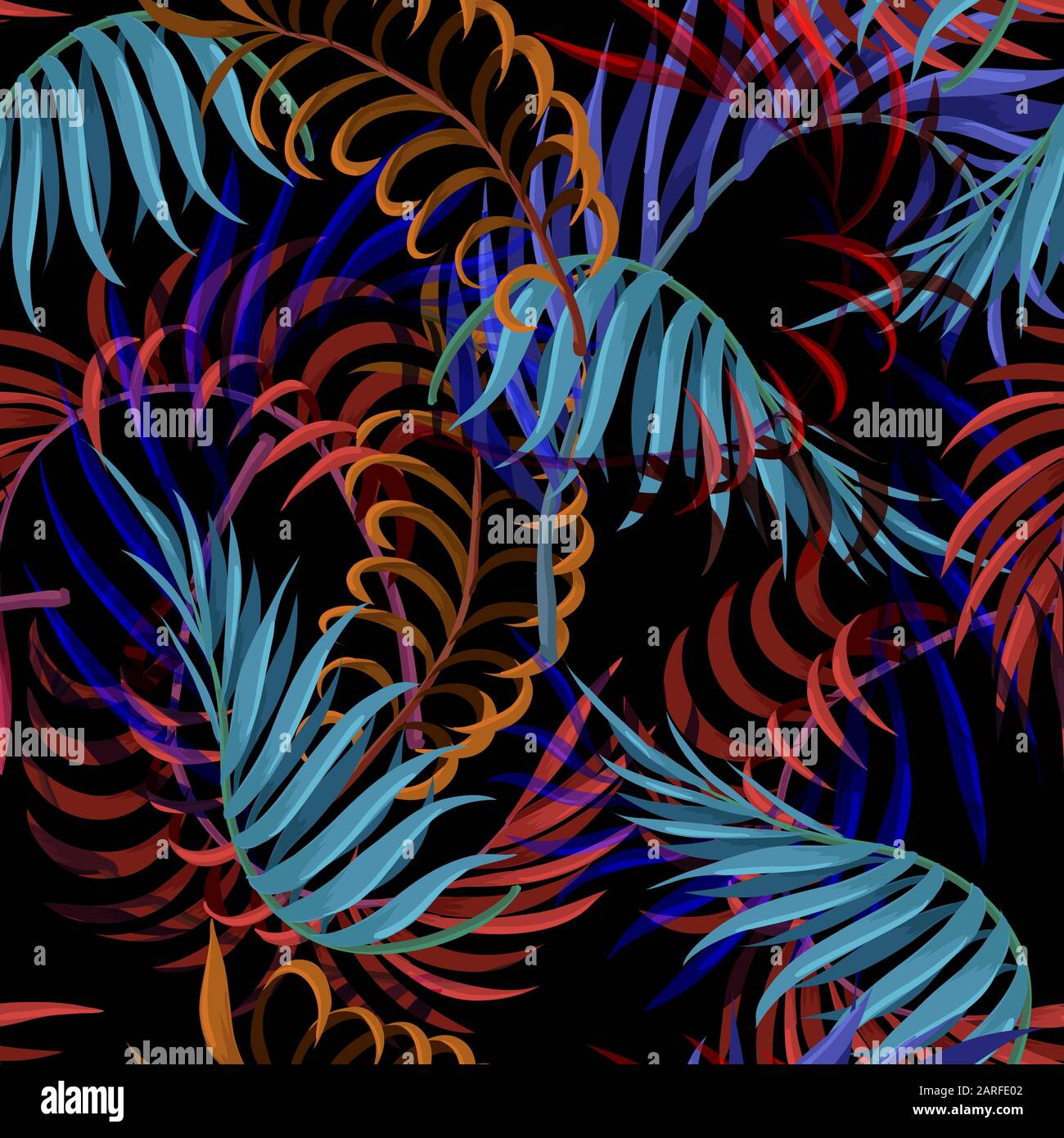 Seamless pattern with blue, red and orange palm leaves. Vector. Stock Vector