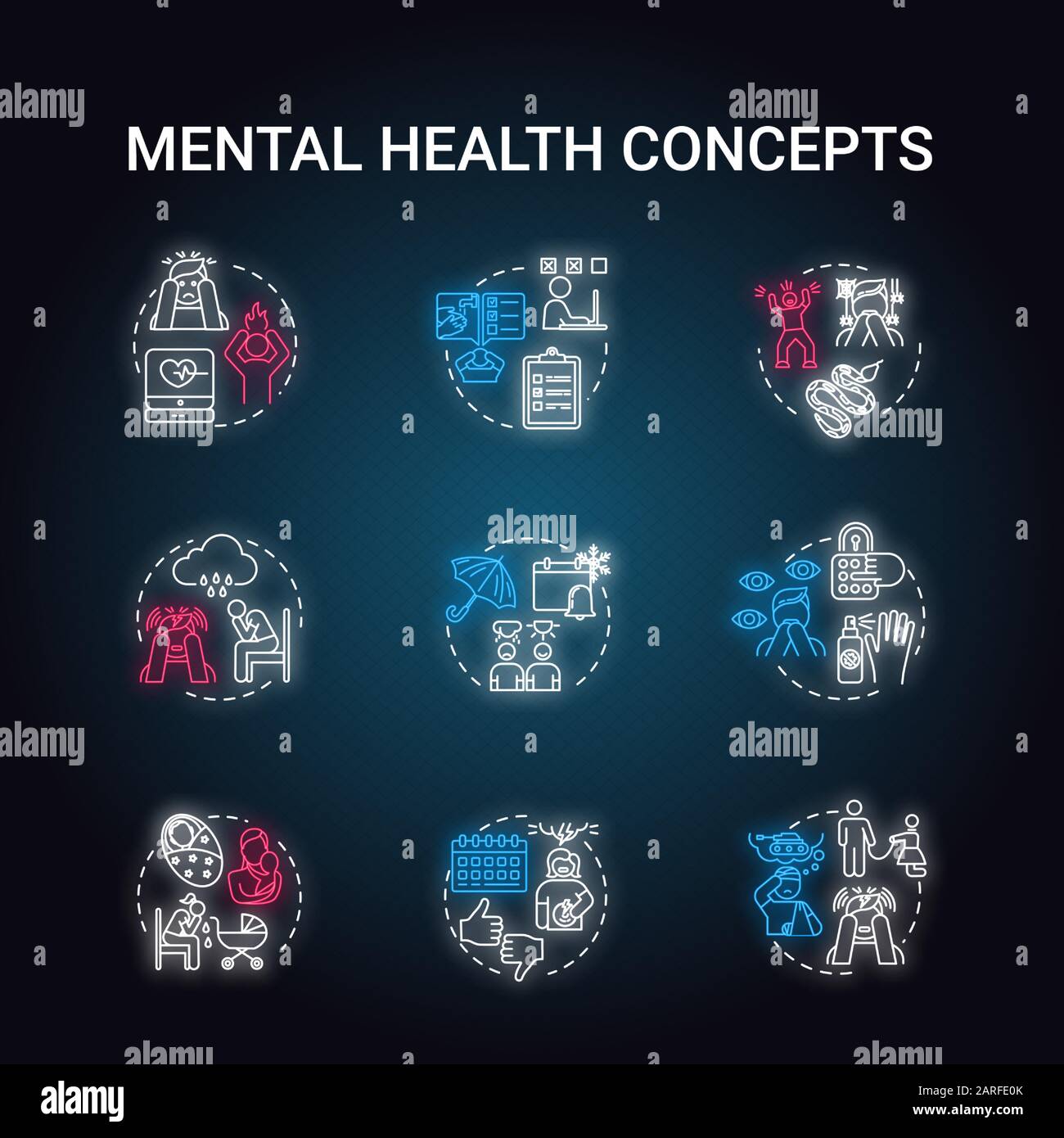 Mental health neon light concept icons set. Panic attacks, depression, phobias, paranoia, stress. Personality disorder idea. Glowing vector isolated R Stock Vector