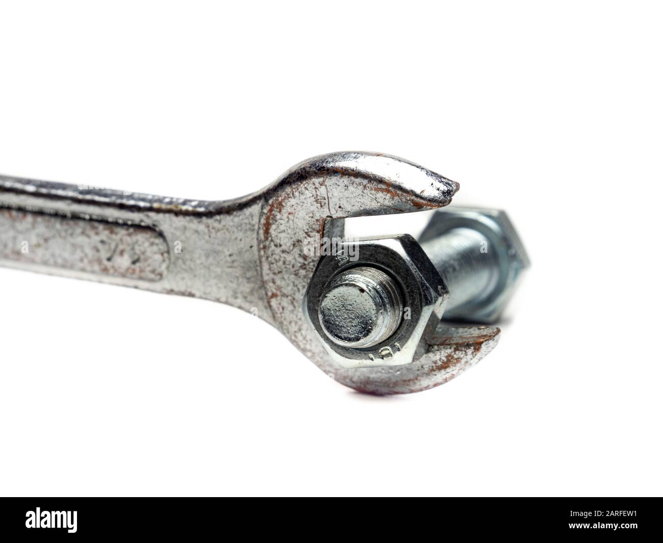 Wrench with nut and bolt Stock Photo