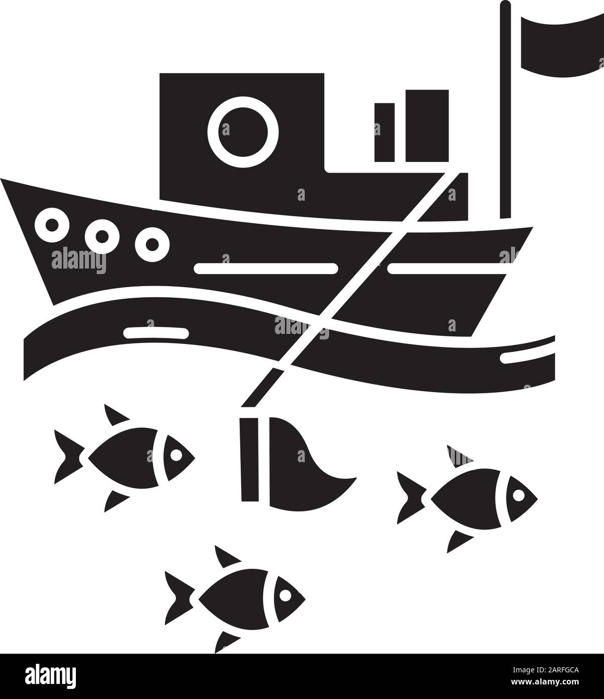 Fishing industry glyph icon. blue color icon. Fishery sector. Commercial fishing activity. Trawler in sea. Business in ocean. Silhouette symbol. Negat Stock Vector