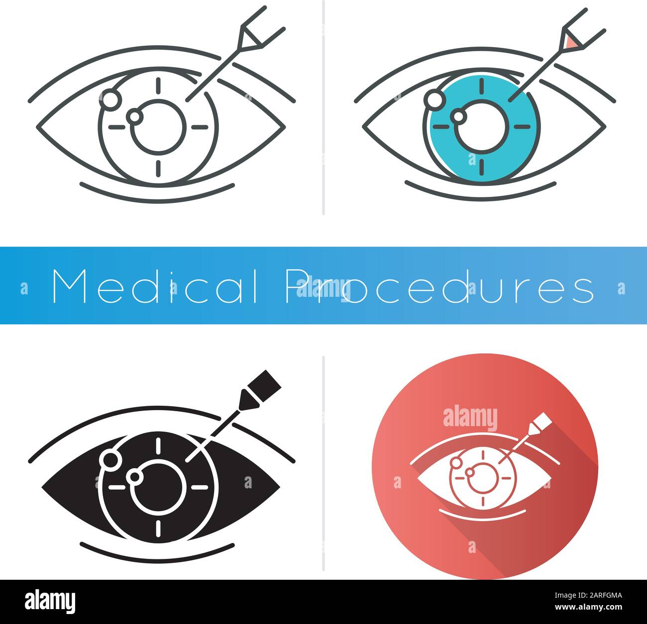 Vision correction icon. Medical surgical procedure. Astigmatism treatment. Ophthalmology. Laser operation. Eye disorder recovery. Flat design, linear Stock Vector