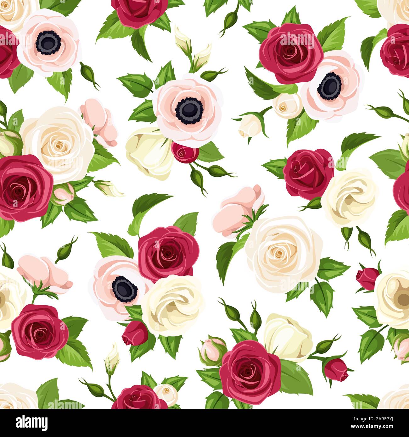 Vector seamless pattern with red, pink and white roses, lisianthuses and anemone flowers and green leaves. Stock Vector