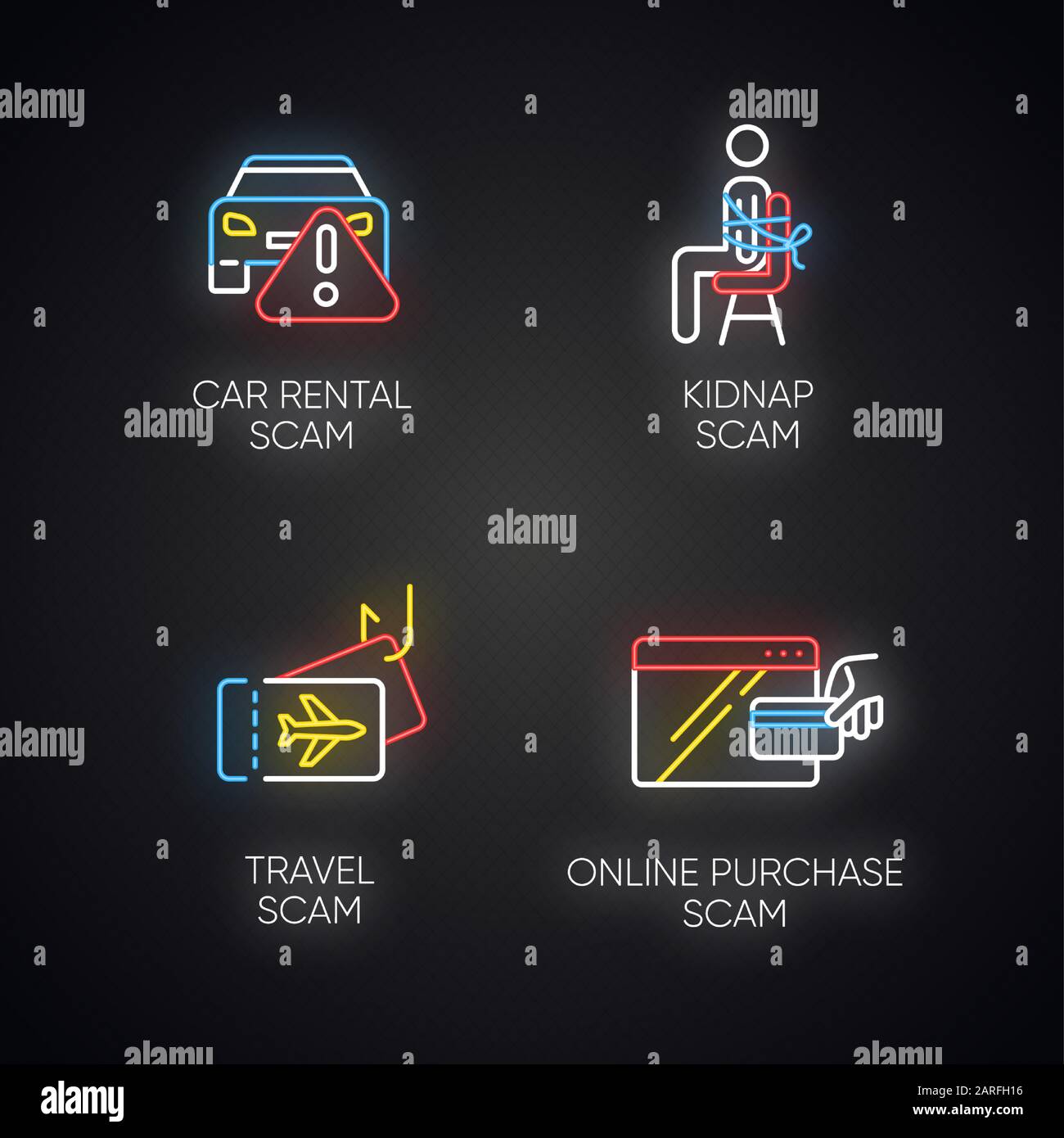 Scam types neon light icons set. Car rental, online purchase fraudulent scheme. Kidnap, travel trick. Cybercrime. Financial scamming. Illegal money ga Stock Vector