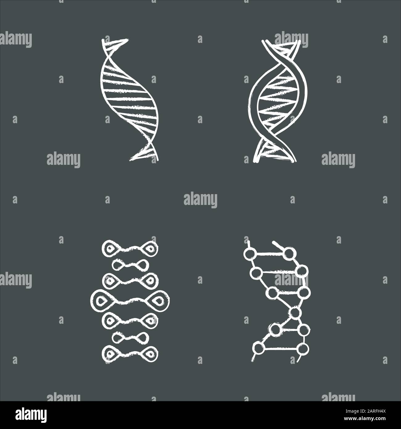 DNA strands chalk icons set. Deoxyribonucleic, nucleic acid helix. Spiraling strands. Chromosome. Molecular biology. Genetic code. Genome. Genetics. M Stock Vector