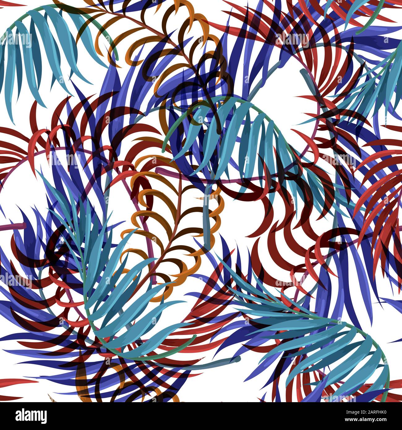 Seamless pattern with blue, red and orange palm leaves. Vector. Stock Vector