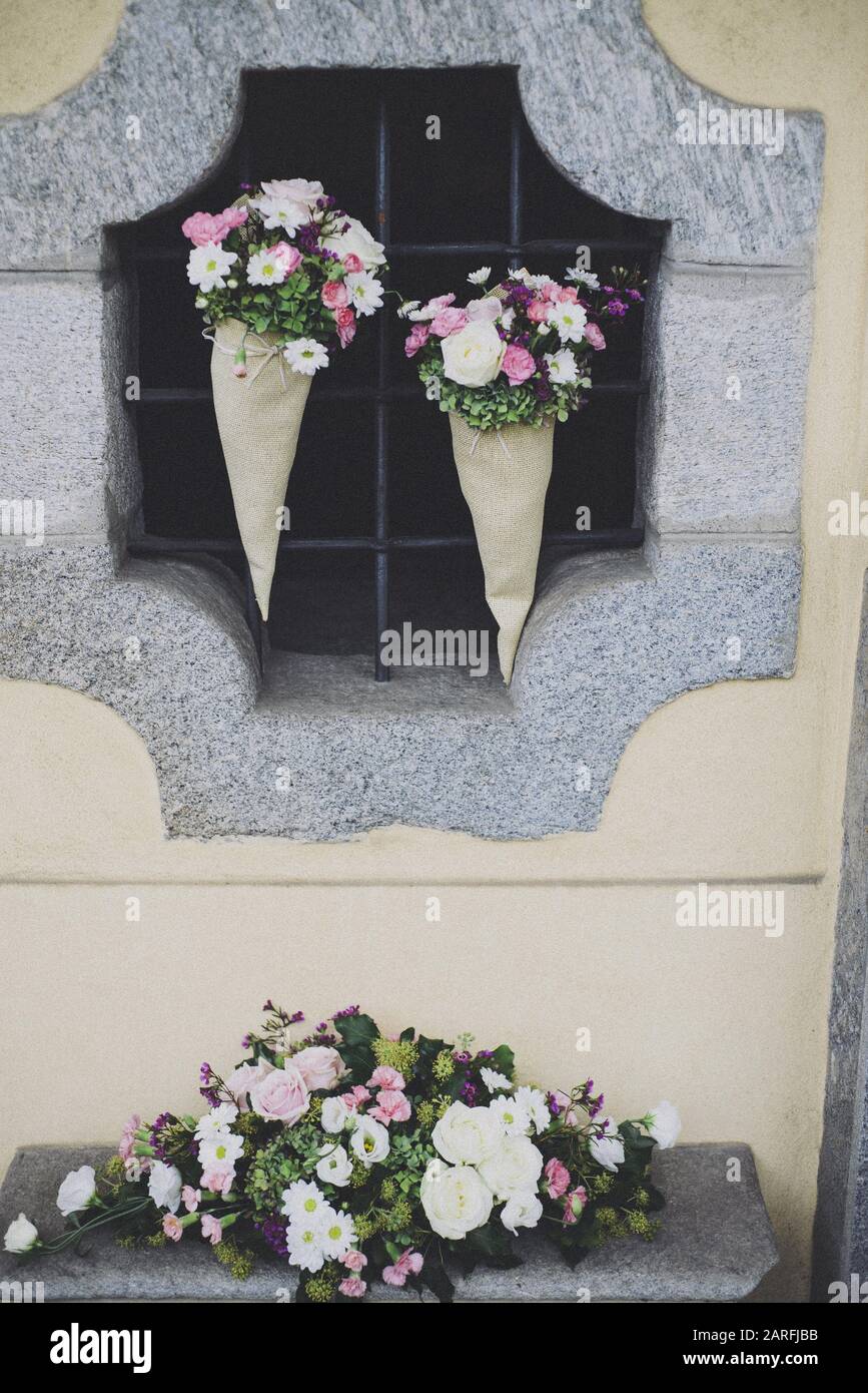 Floral Decorations Outside The Church Wedding Stock Photo