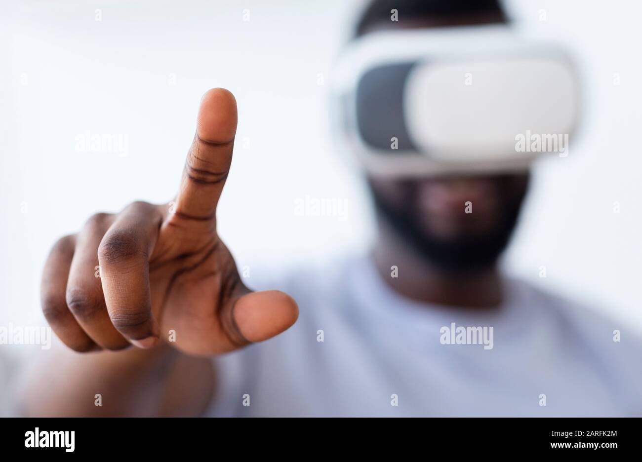 3d man pushing on a virtual screen Stock Photo - Alamy