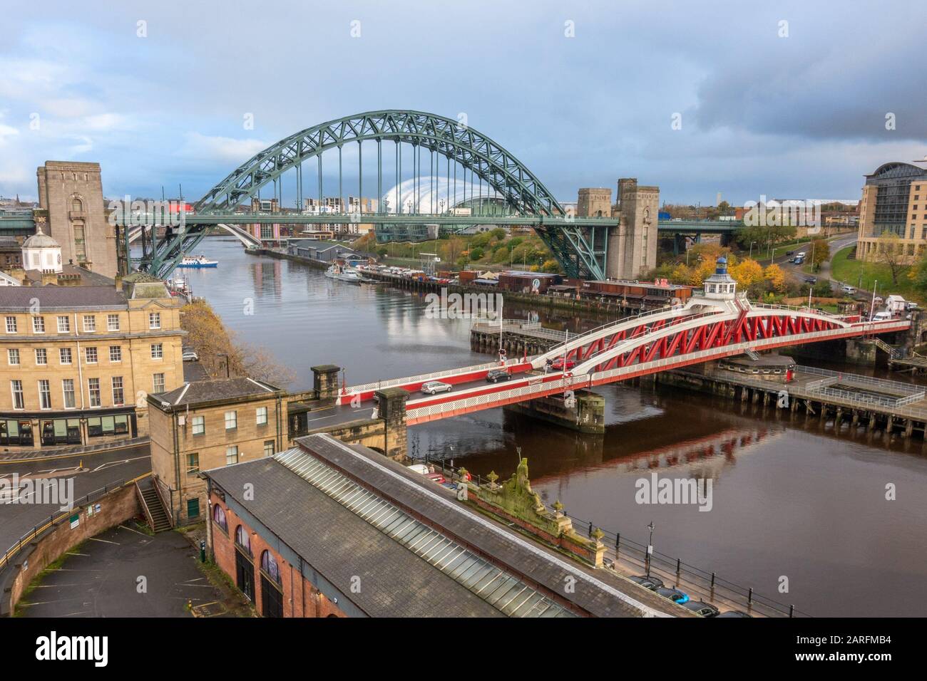 The Tyne and Swing bridges over the River Tyne, connecting Newcastle upon Tyne and Gateshead, UK. Stock Photo