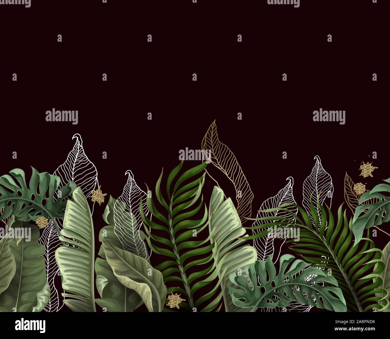 Seamless pattern with tropical leaves on black background. Vector Stock ...