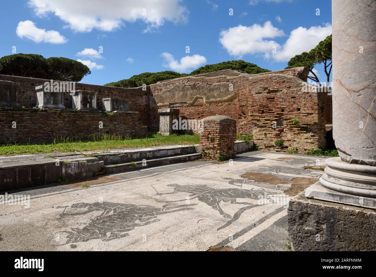 Rome. Italy. Ostia Antica. Caserma dei Vigili (Barracks of the Fire Brigade). Mosaic depicting the sacrifice of bulls in the pronaos (vestibule) of th Stock Photo