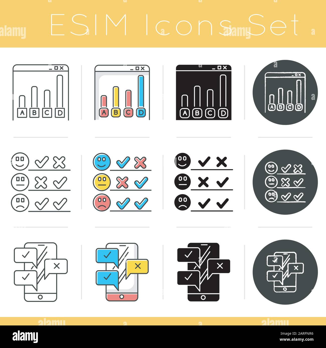 Survey icons set. Online statistics analysis. Choose satisfaction level. Checkmarks. Chat on smartphone. Approve, disapprove. Flat design, linear, bla Stock Vector