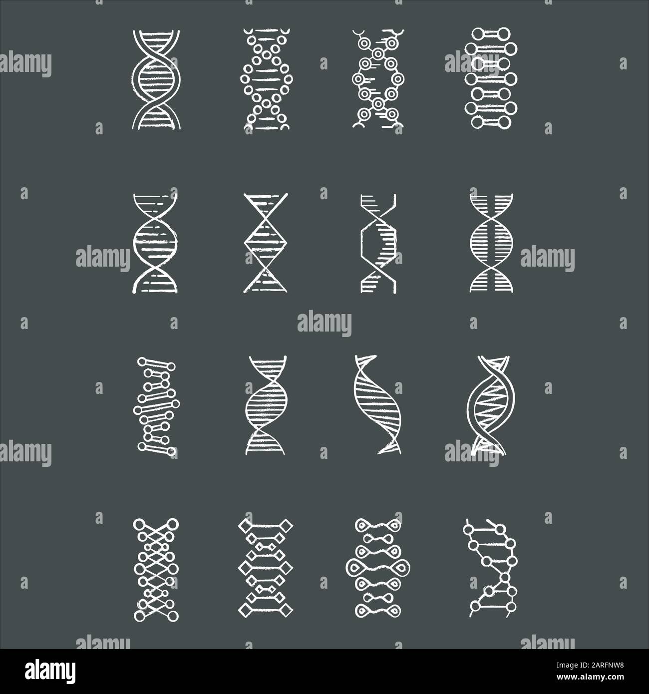 DNA helix chalk icons set. Deoxyribonucleic, nucleic acid structure. Spiraling strand. Chromosome. Molecular biology. Genetic code. Genome. Genetics. Stock Vector