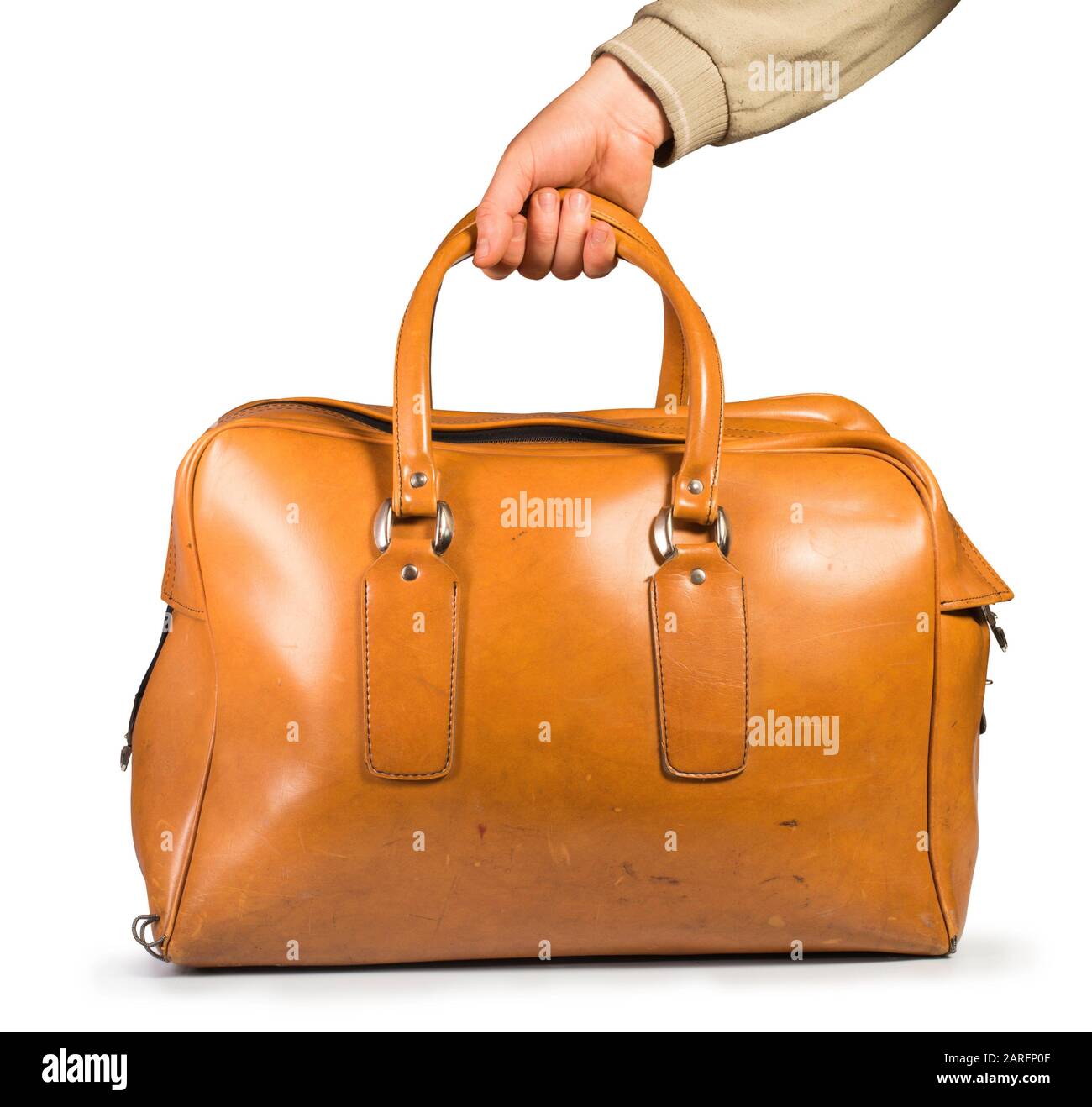 Old vintage luggage brown bag. White isolated Stock Photo Alamy