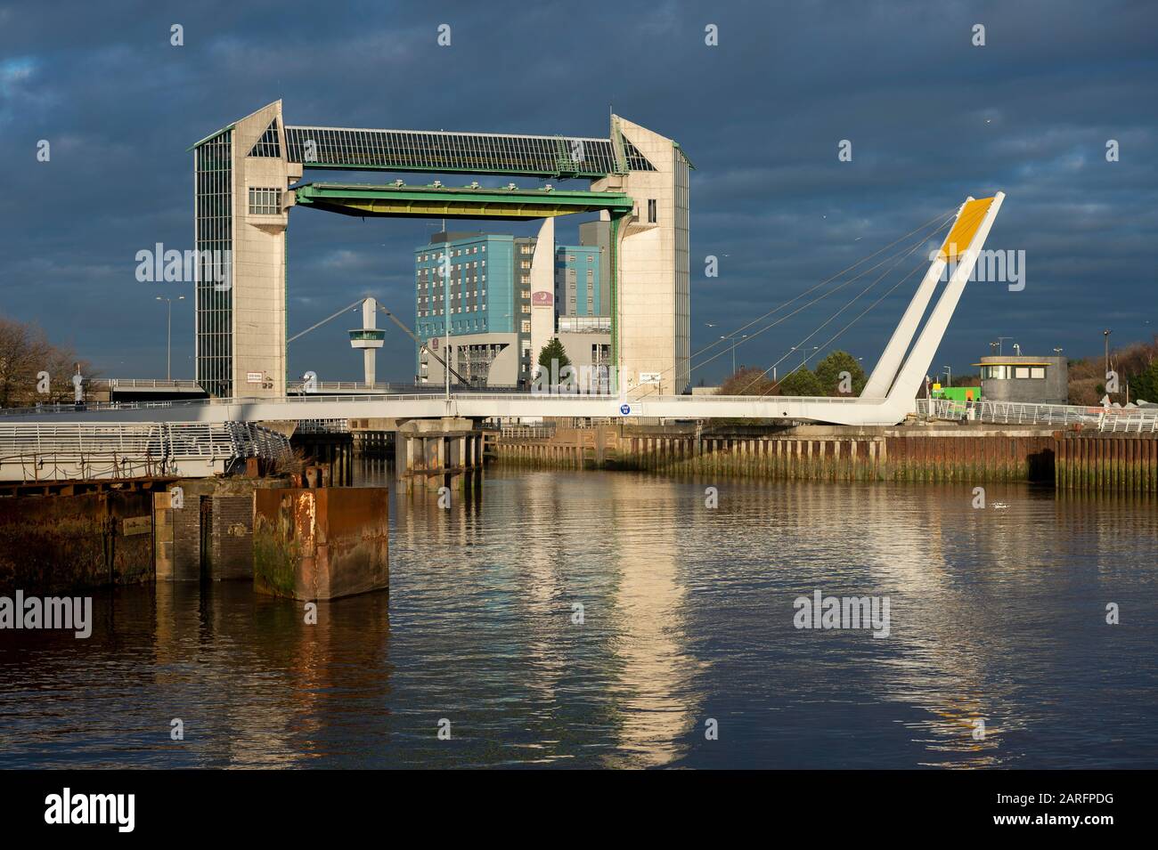 Shown is The Tidal Barrier Flood Defence in Kingston Upon Hull which can be closed to prevent tidal surges flooding the waterway Stock Photo