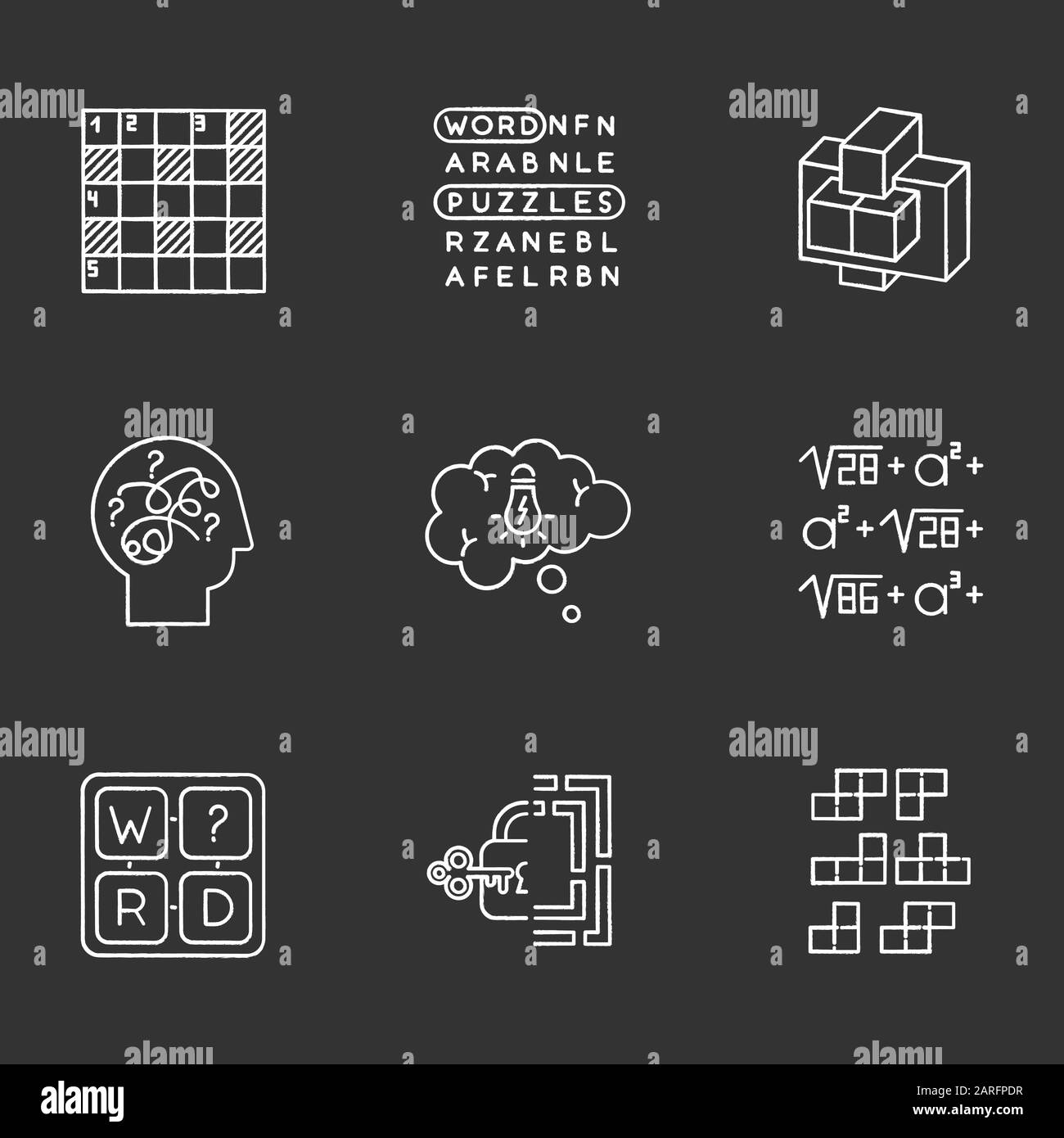 Puzzles And Riddles Chalk Icons Set. Construction Puzzle. Crossword. Math Problem. Puzzled Mind. Logic Games. Mental Exercise. Brain Teaser. Solution Stock Vector Image & Art - Alamy