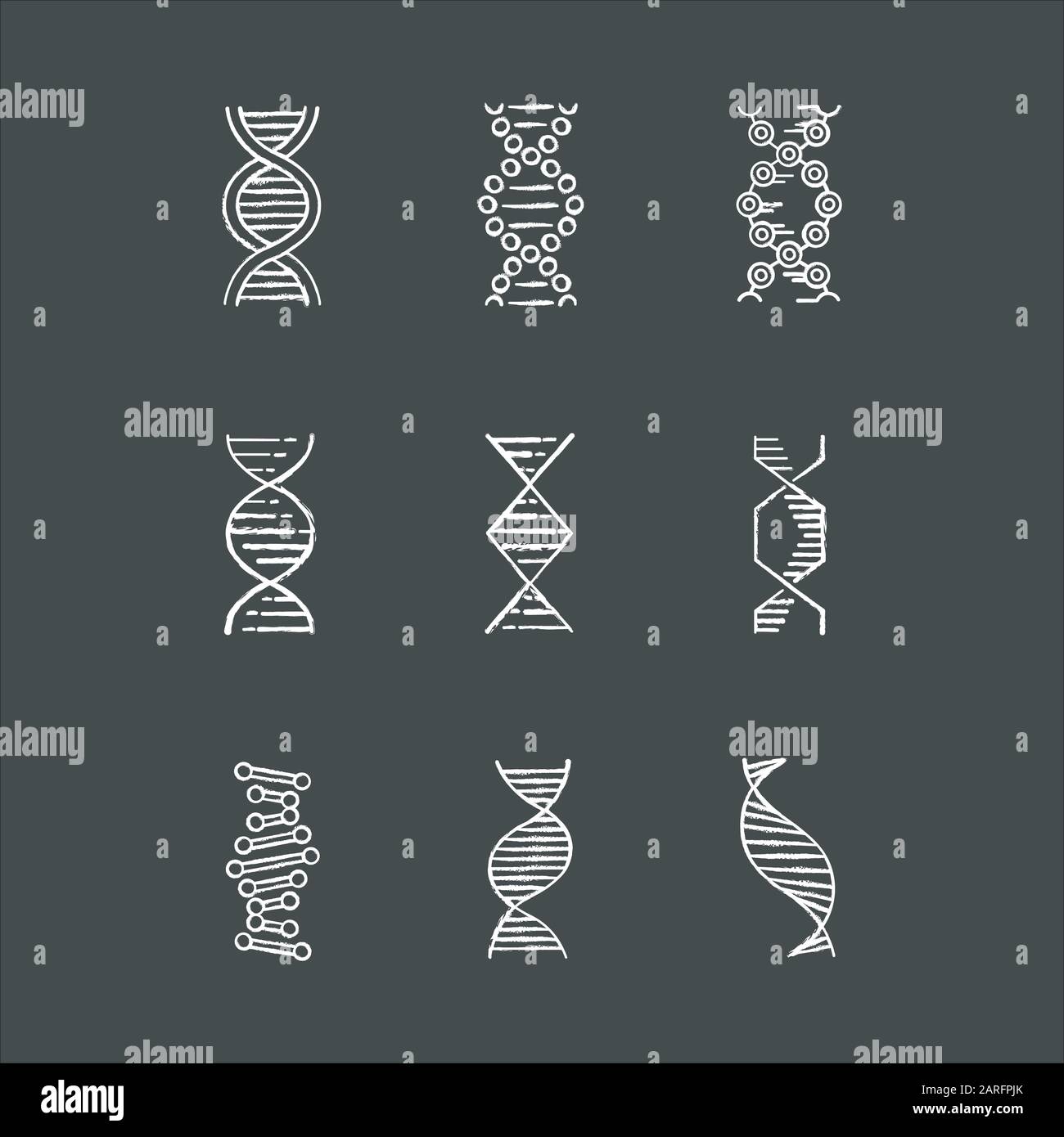 DNA spirals chalk icons set. Deoxyribonucleic, nucleic acid helix. Spiraling strands. Chromosome. Molecular biology. Genetic code. Genome. Genetics. M Stock Vector
