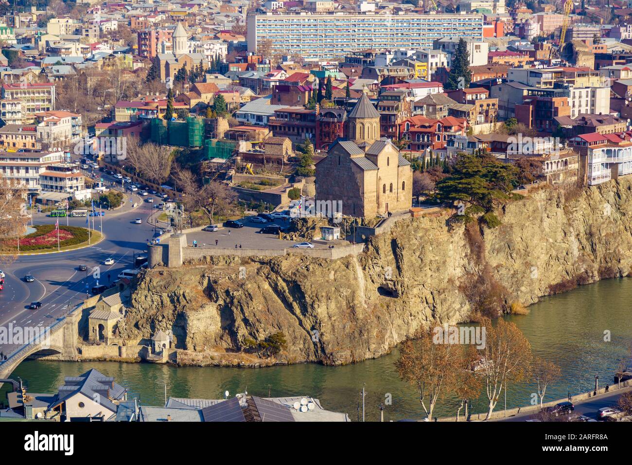 The Metekhi temple, which is picturesquely located on a rock above the Kura river, is definitely one of the business cards of Tbilisi. The Church in t Stock Photo
