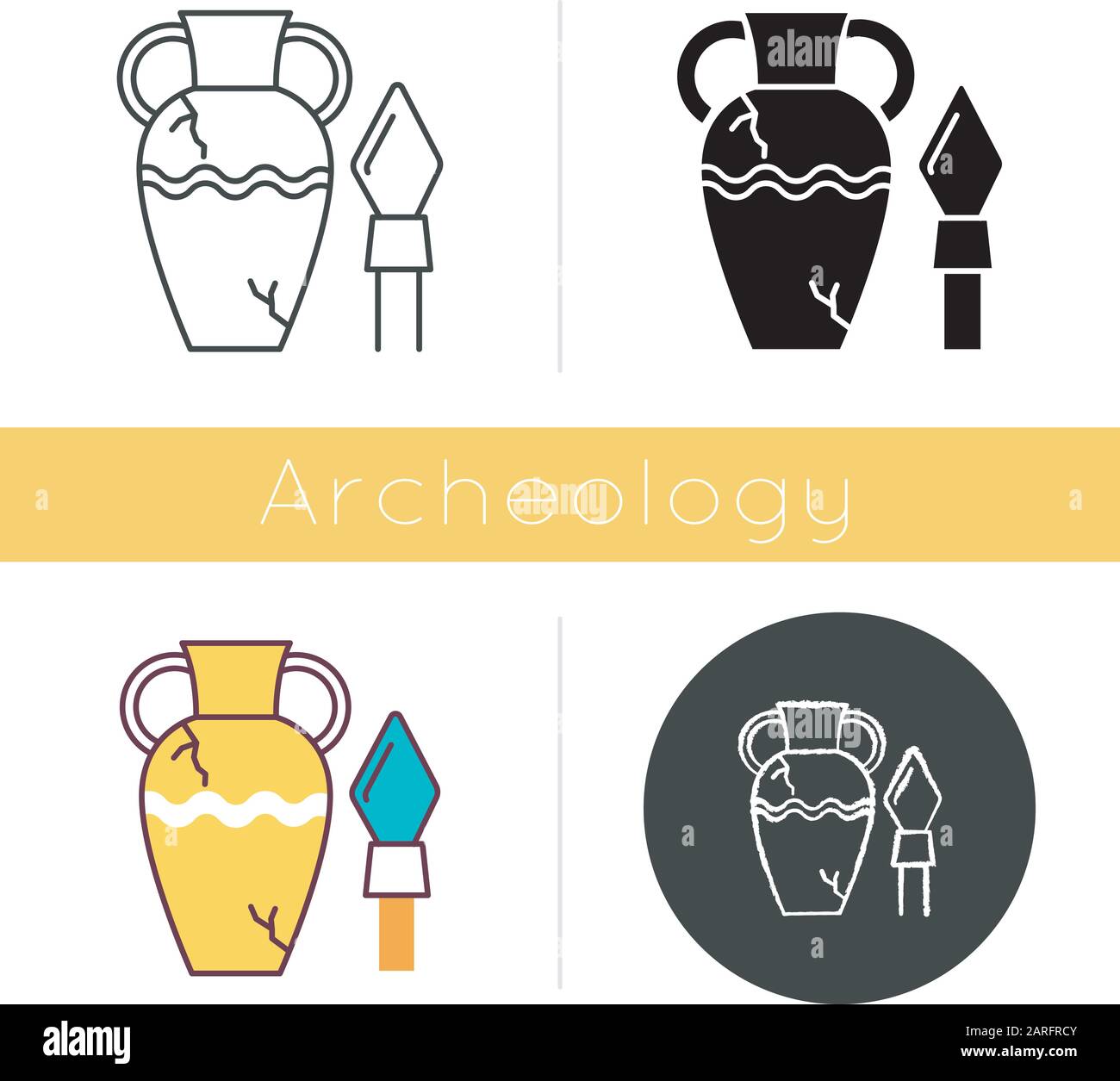 Ancient artifacts icon. Greek amphora. Roman spear. Old culture. Historical discovery. Cracked clay vase. Spartan weapon. Flat design, linear and colo Stock Vector