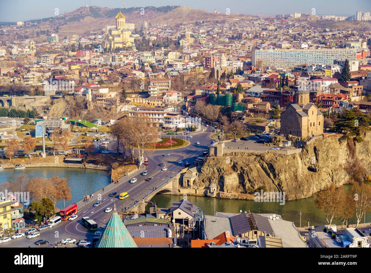 The Metekhi temple, which is picturesquely located on a rock above the Kura river, is definitely one of the business cards of Tbilisi. The Church in t Stock Photo