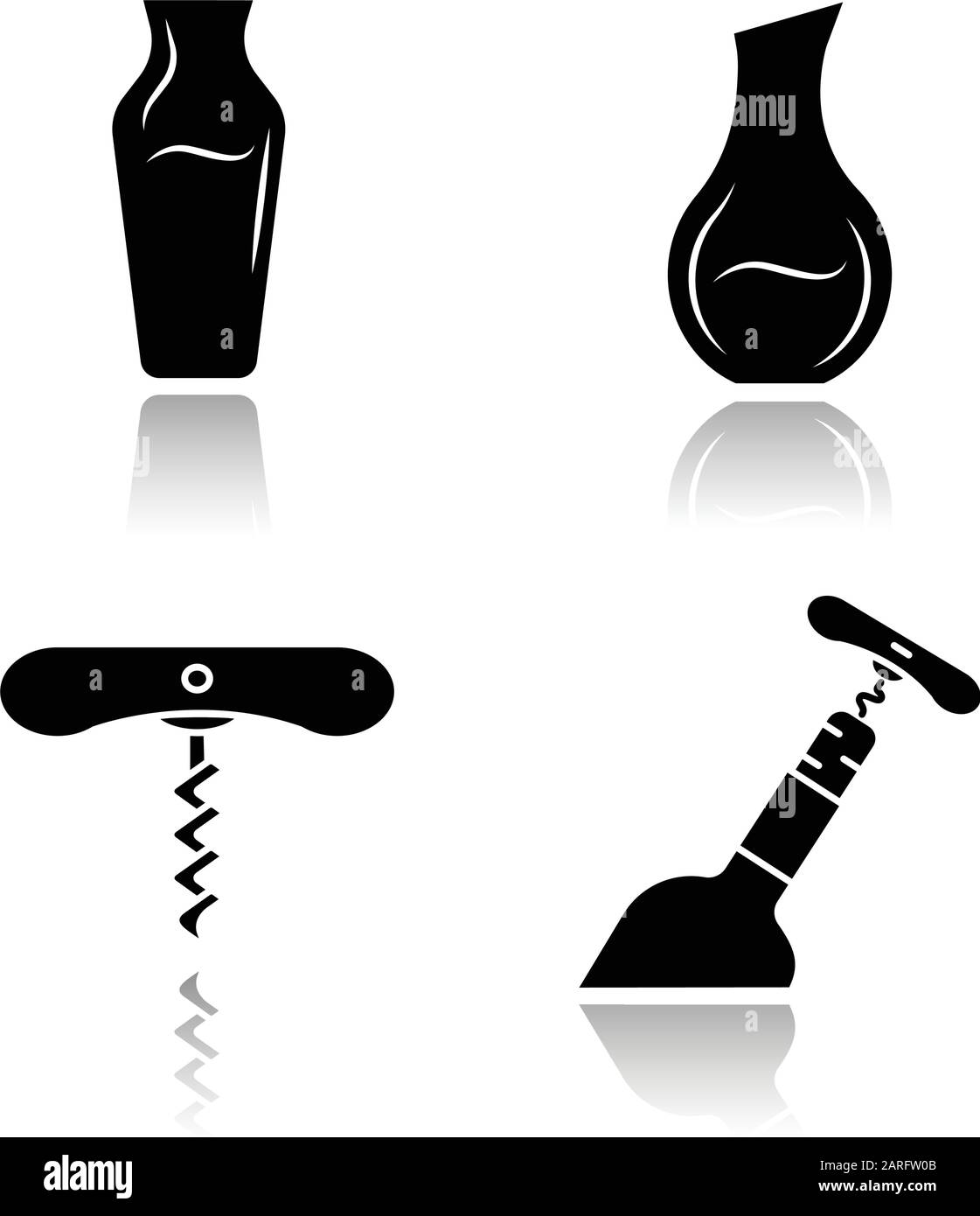 Wine drop shadow black glyph icons set. Different types of decanters. Corkscrew, bottle opening tools. Barman equipment. Alcohol beverage, aperitif dr Stock Vector